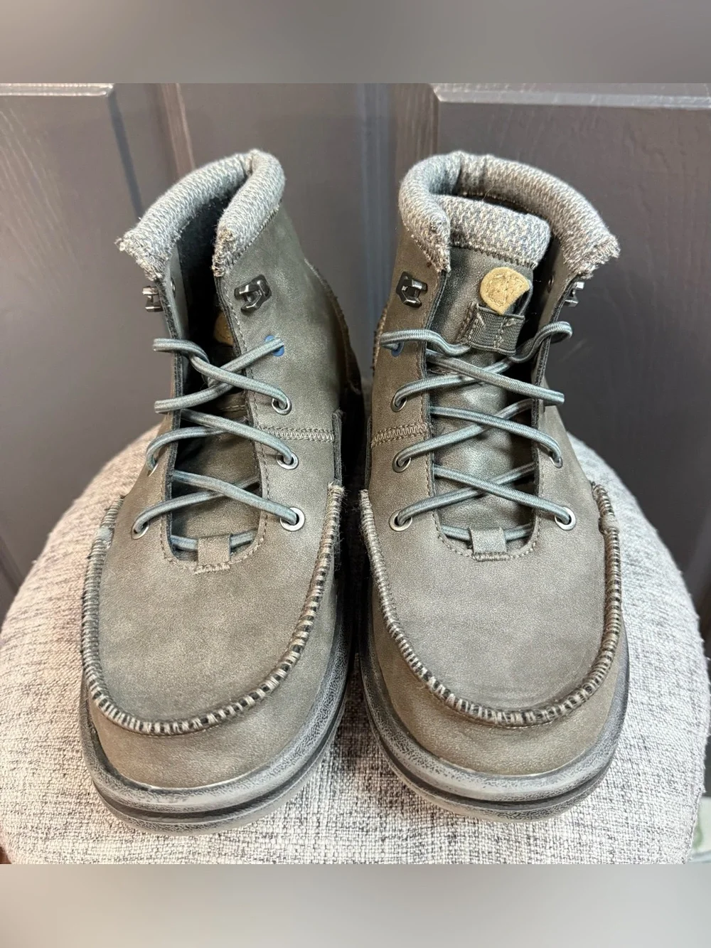 Hey Dude Kids Dark Gray Suede Moccasin Boots with Knit Collar